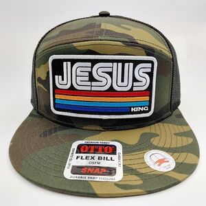 Jesus Patch 7 Panel Flat Bill Trucker Mesh Snapback Cap Camouflage